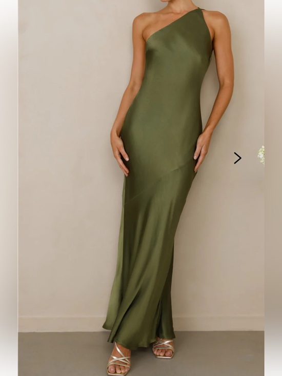 Hello Molly Dresses & Skirts - Hello Molly The Evangeline One Shoulder Satin Maxi Dress Olive - S